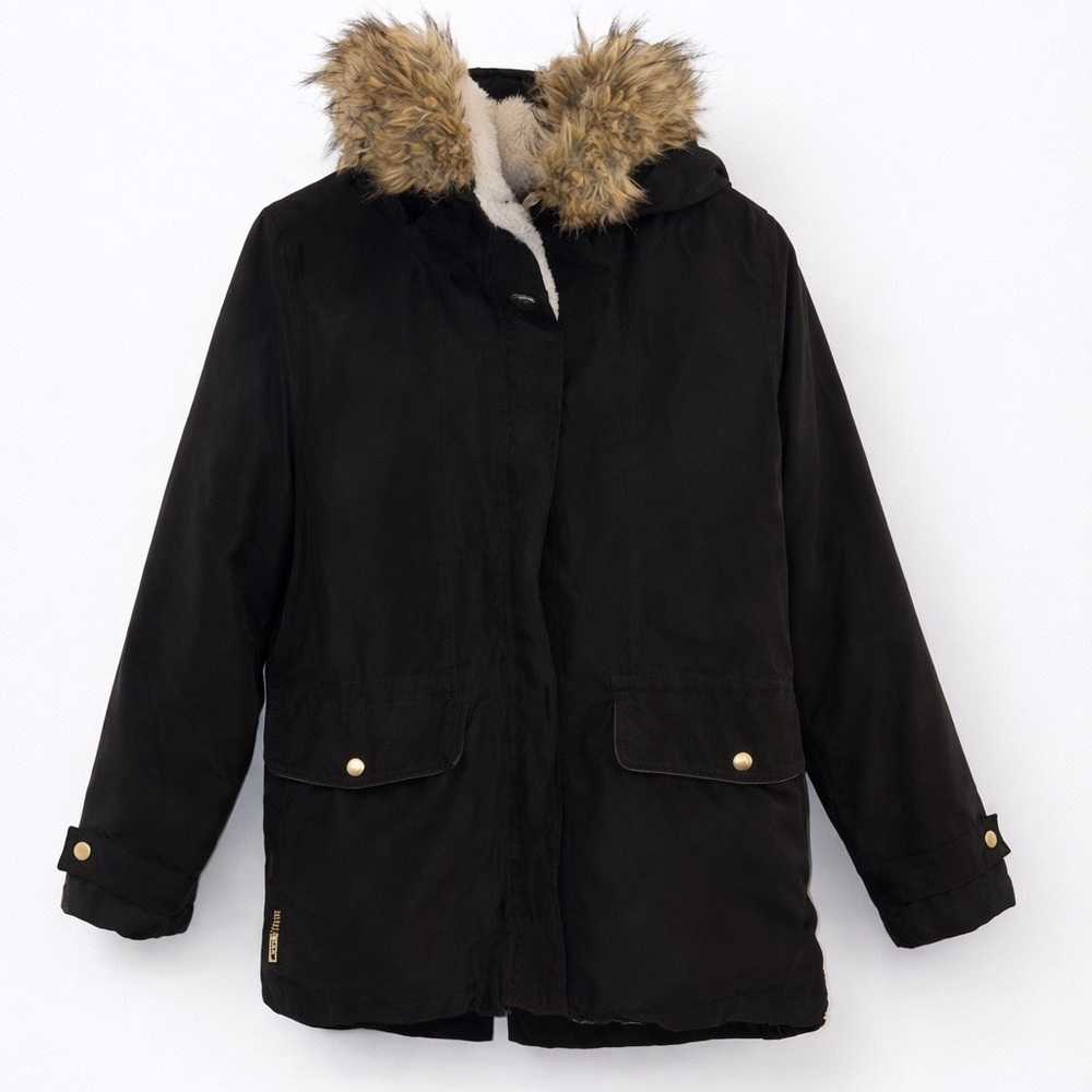 ✨ Forever 21 Black Faux Fur Hooded Parka Coat – Women’s Large ✨